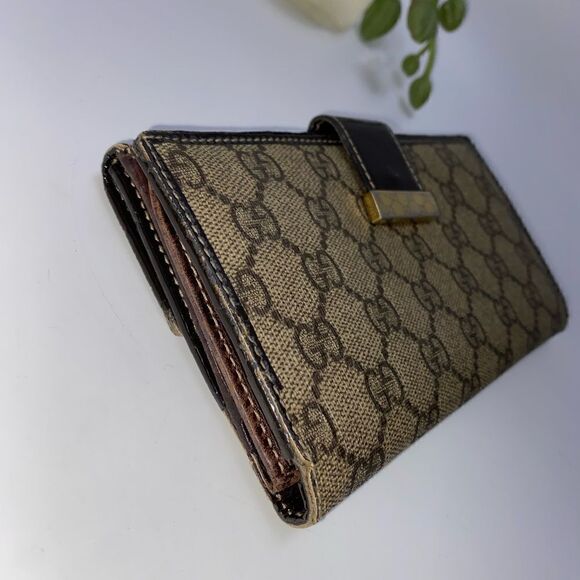 AUTHENTIC GUCCI GG Logo Canvas Leather Trim Long Clutch Wallet - Picture 5 of 10